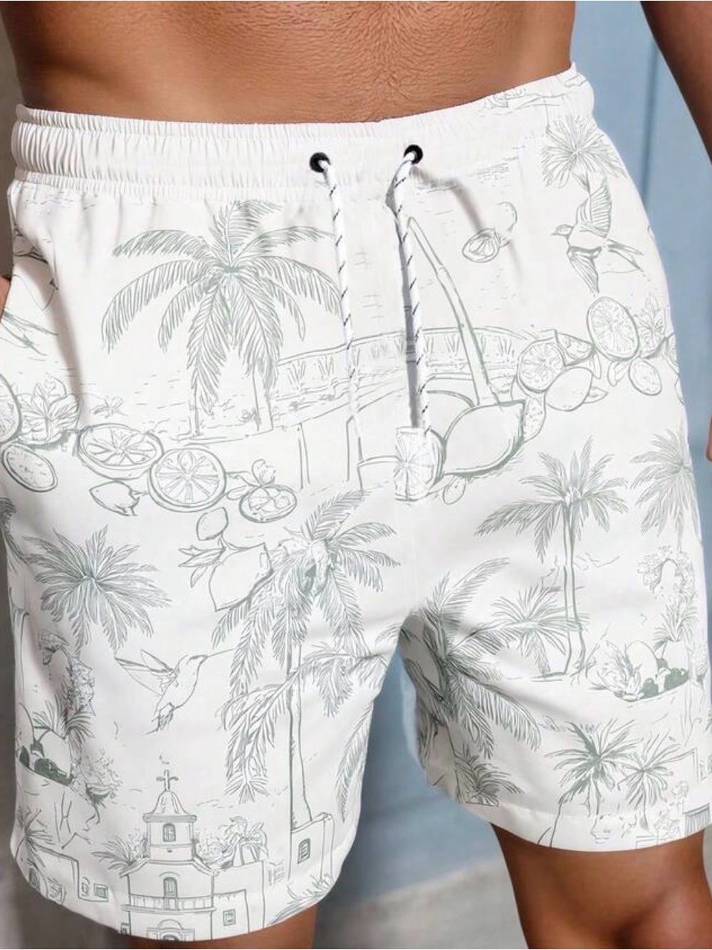 SHEIN White Tropical Sketch Swim Trunks
